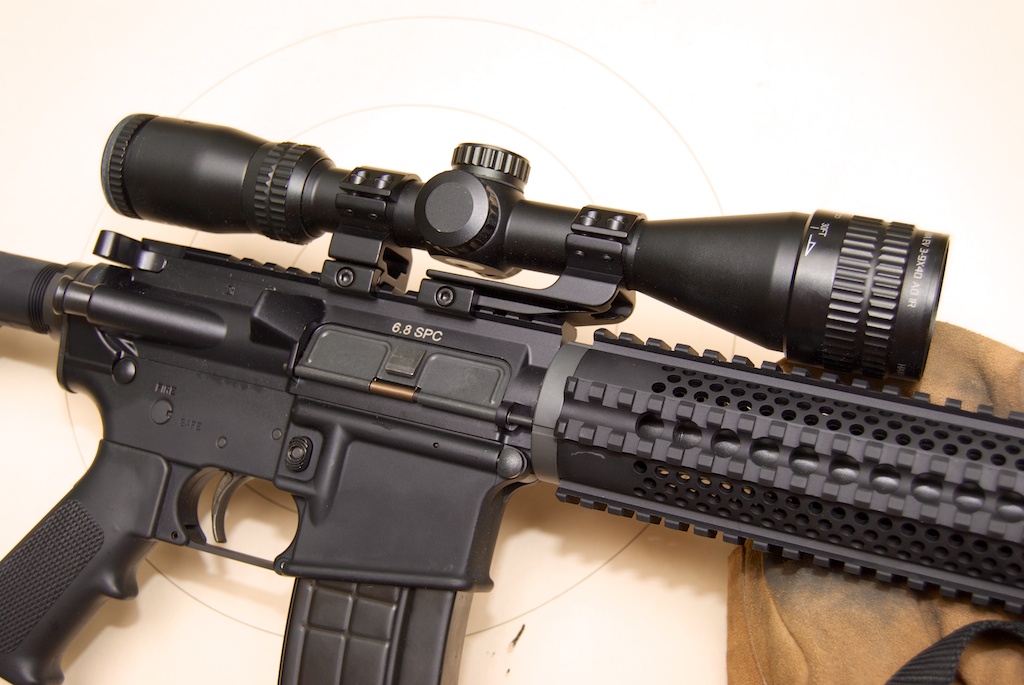 The Hawke Optics Panorama EV 6-9x40 AO mounted on a Rock River Arms 6.8 SPC