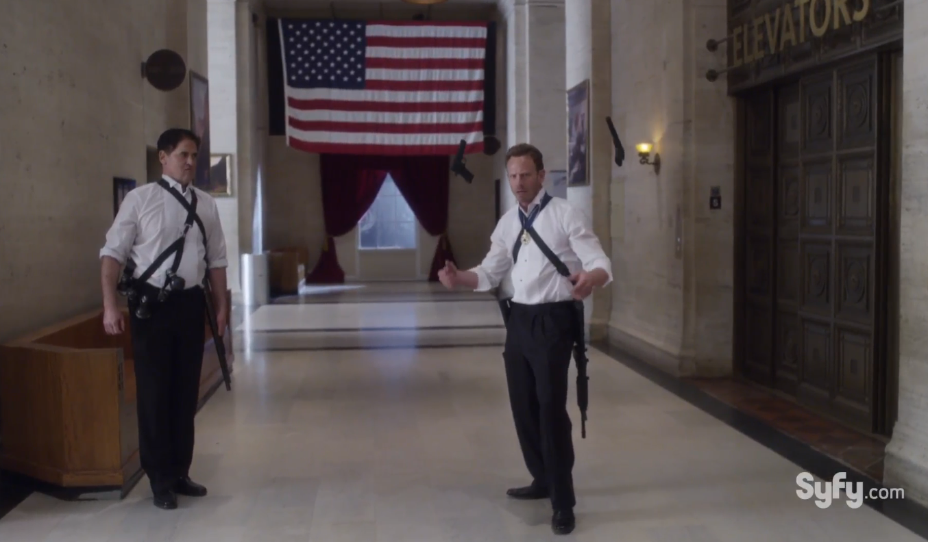 One of the first rules of Sharknado combat tactics is that when your dual 1911s run dry, you have to casually flip them over your shoulder before grabbing the M4A1 carbines you have strapped on.