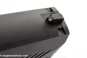 The front sight on this Sig P320 sports a Tritium vial for low light use.