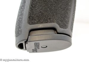 Note how the Sig Sauer P320 has cutouts above the magazine base plate. That provides an easy way to tear the magazine out in case of malfunction.