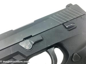 Takedown of the Sig P320 is easy - just rotate the left side frame lever.